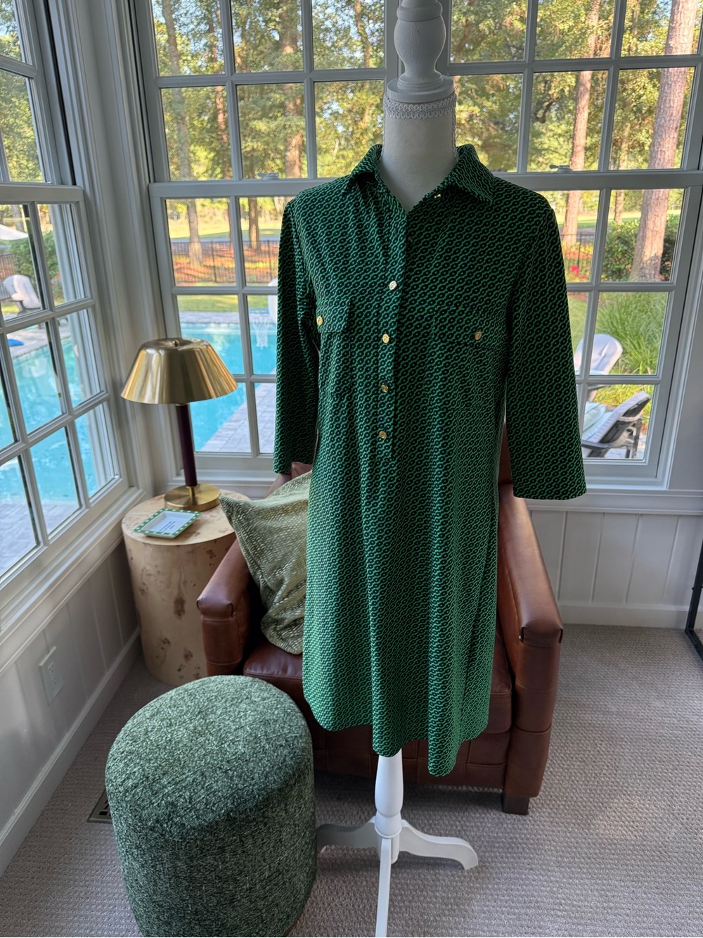 Jude Connally Emerald Green Printed Midi Shirt Dress